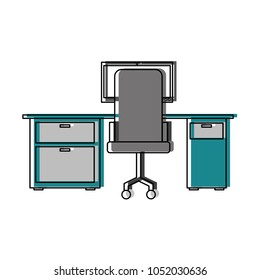 workspace office desk computer armchair view back
