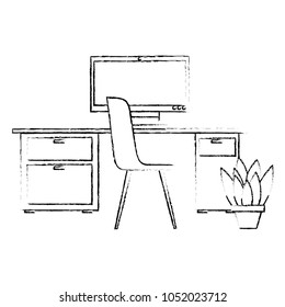 workspace office desk computer chair potted plant