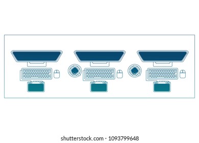 workspace office desk computer designer tablet chairs and coffee cup