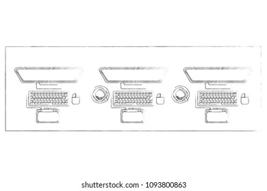 workspace office desk computer designer tablet chairs and coffee cup