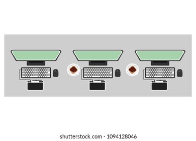 workspace office desk computer designer tablet chairs and coffee cup