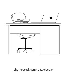 workspace office desk laptop chair and books isolated design white background vector illustration line style