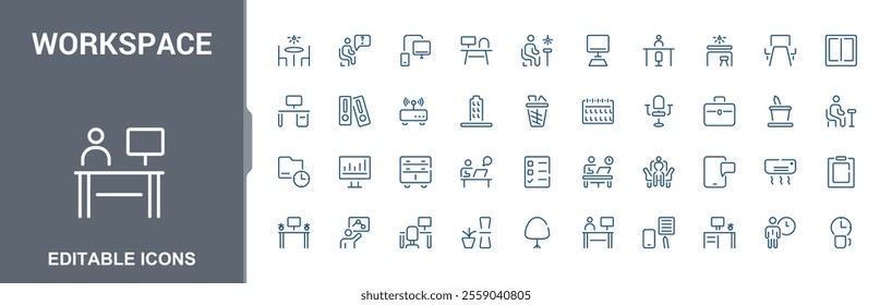 Workspace and Office icons set. Vector illustration in modern line style. Teamwork, coworking, workplace and more.