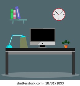 
espacio de trabajo, oficina, interior con ordenador, planta, libros