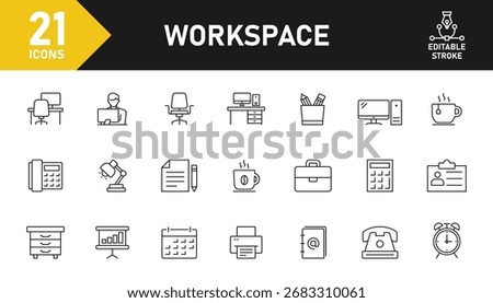 Workspace and office line icon set. Set of 21 outline icons related to coworking, desktop, devices, computer, table, office and others. Editable stroke. Vector illustration.