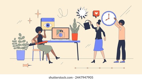 Workspace and office space with employees neubrutalism tiny person concept. Business characters with executive, support team and secretary vector illustration. Company workplace for effective work.