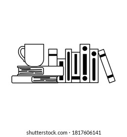 pila de libros de oficina de área de trabajo con taza de café diseño aislado estilo de línea de ilustración de vector de fondo blanco