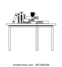workspace office table with many books and coffee cup isolated design white background vector illustration line style