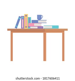 tabla de oficina del área de trabajo con muchos libros y taza de café diseño aislado ilustración vectorial de fondo blanco