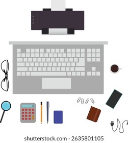 Workspace office tools set, essential graphic flat design