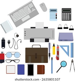 Workspace office tools set, essential graphic flat design