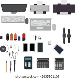 Workspace office tools set, essential graphic flat design