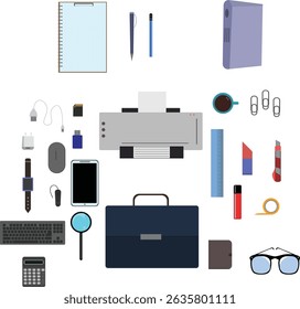 Workspace office tools set, essential graphic flat design