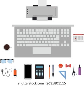 Workspace office tools set, essential graphic flat design