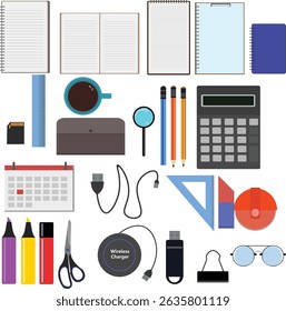 Conjunto de ferramentas de escritório do espaço de trabalho, design gráfico plano essencial