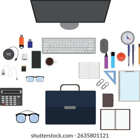 Workspace office tools set, essential graphic flat design