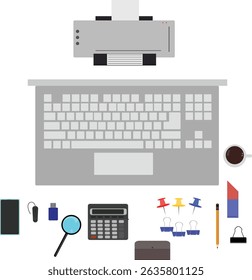 Workspace office tools set, essential graphic flat design
