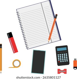 Workspace office tools set, essential graphic flat design