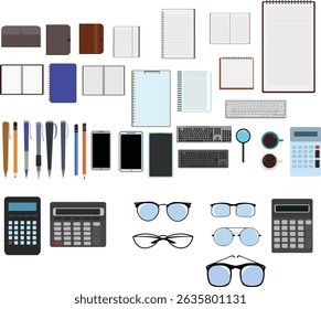 Workspace office tools set, essential graphic flat design