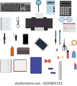 Workspace office tools set, essential graphic flat design