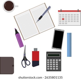 Workspace office tools set, essential graphic flat design