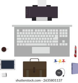 Workspace office tools set, essential graphic flat design