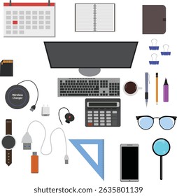 Workspace office tools set, essential graphic flat design