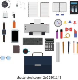 Workspace office tools set, essential graphic flat design
