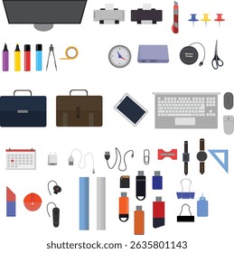 Workspace office tools set, essential graphic flat design