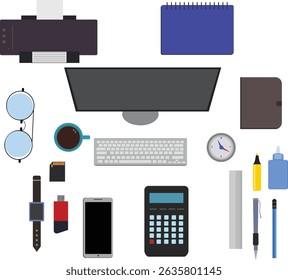 Workspace office tools set, essential graphic flat design