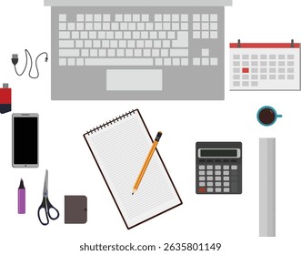 Workspace office tools set, essential graphic flat design