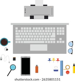 Workspace office tools set, essential graphic flat design