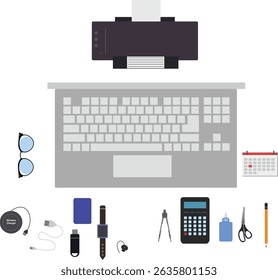 Workspace office tools set, essential graphic flat design