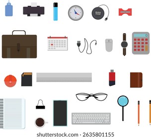 Workspace office tools set, essential graphic flat design