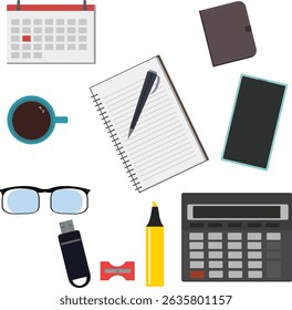 Workspace office tools set, essential graphic flat design