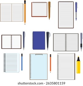 Workspace office tools set, essential graphic flat design