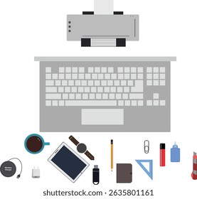 Workspace office tools set, essential graphic flat design