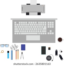 Workspace office tools set, essential graphic flat design