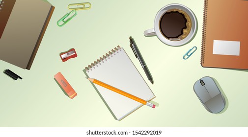 Workspace office top view. Vector background image of table. Supplies. Desk, workplace. Workspace of creative, work place of author, freelancer. Stationery. Coffee break. View from above.