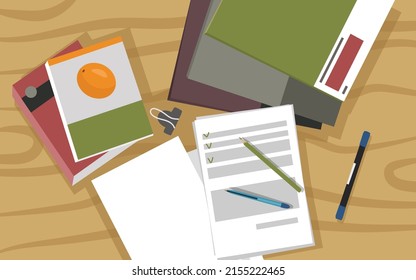 Workspace of an office worker's desktop is a top view. Papers, letterheads, notepad, folders, pen, pencil, books, orange. Vector business illustration.