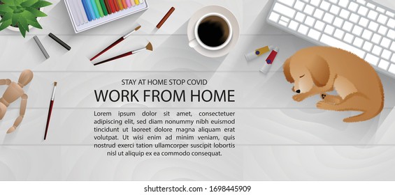Espacio de trabajo en la mesa para el distanciamiento social, trabajo desde casa con adorable infografía de concepto de mascota, ilustración, permanecer en casa para parar Covid-19