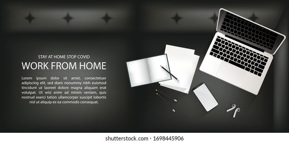 Workspace on sofa for social distancing, work from home with lovely pet concept infographic, illustration, stay home to stop Covid-19