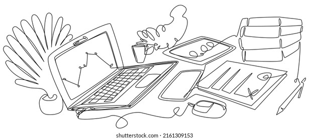 Workspace in one line. Laptop with documents and gadgets. Office environment of an employee with a falling schedule in the market. Vector illustration with crisis indicators. Stock vector image.