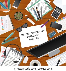 Workspace of the online consultant. Mock up for creating your own modern creative office desktop workshop style. Flat design vector mock up. Vector illustration