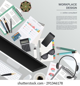 Workspace of the online consultant. Mock up for creating your own modern creative office desktop workshop style. Flat design vector mock up. Vector illustration