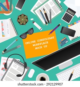 Workspace of the online consultant. Mock up for creating your own modern creative office desktop workshop style. Flat design vector mock up. Vector illustration
