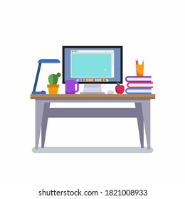 Workspace. Online or home job workplace. . Workplace room, modern Interior, cabinet. Work at home. Office with computer. Desktop computer monitor. Flat vector illustration. 