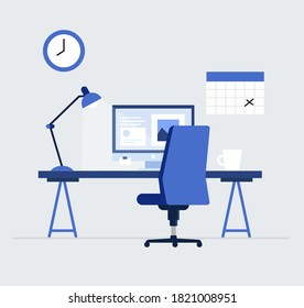 Workspace. Online or home job workplace. . Workplace room, modern Interior, cabinet. Work at home. Office with computer. Desktop computer monitor. Flat vector illustration. 