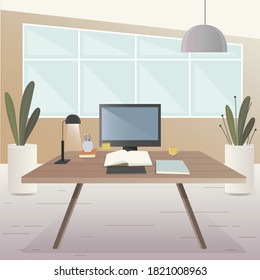 Workspace. Online or home job workplace. . Workplace room, modern Interior, cabinet. Work at home. Office with computer. Desktop computer monitor. Flat vector illustration. 