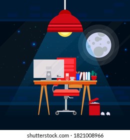 Workspace. Online or home job workplace. . Workplace room, modern Interior, cabinet. Work at home. Office with computer. Desktop computer monitor. Flat vector illustration. 